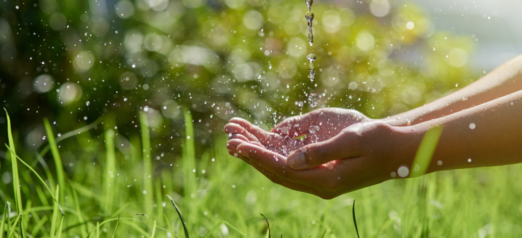 Naturaleza y sustentabilidad. Agua cayendo en las manos de una persona.